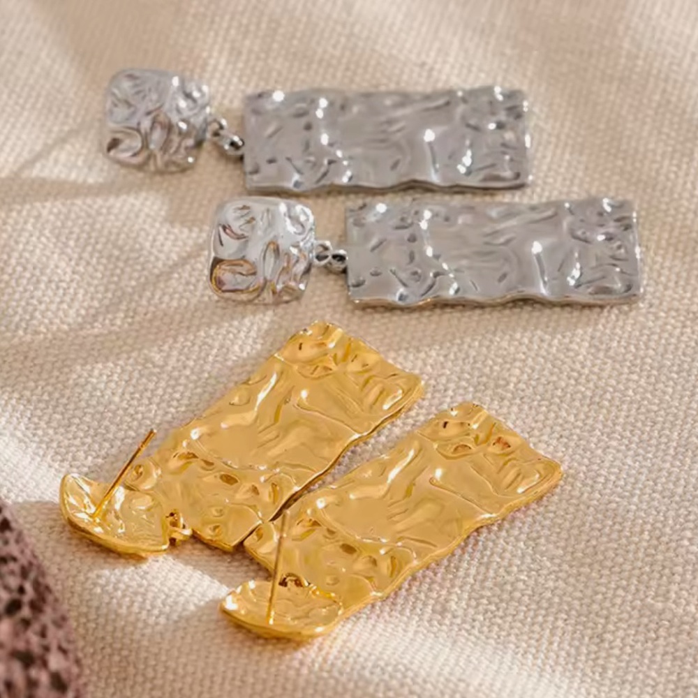 Hammered Rectangular Drop Stud Earrings Stainless Steel - Picture 3 of 4